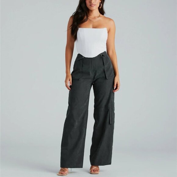 Windsor Charcoal Black Trendy Girl Wide-Leg Cargo Twill Pants NWT Size Small - Picture 2 of 10